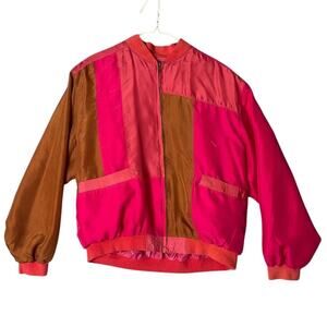Serenata Fashion Women's Silk Vintage Colorblock Bomber Jacket Size M